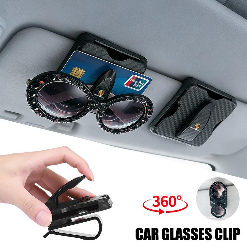 Car Glasses Clip 360° Rotating Car Visor Sunglasses Holder For Porsche Cayenne Panamera Macan Boxster Cayman 718 911 Sticker