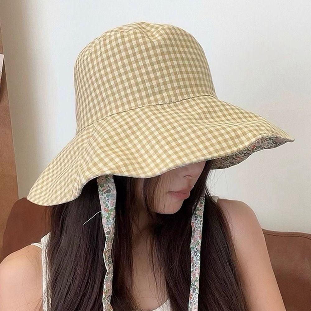 Floral Hiking Fisherman Hat Sun Protection Heart Printed Bucket Hat Plaid Hiking Cap Travel