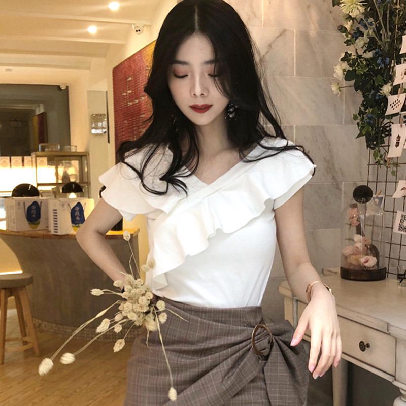 Women's Slash Neck Solid Short Sleeve Slim Ruffles T-Shirt