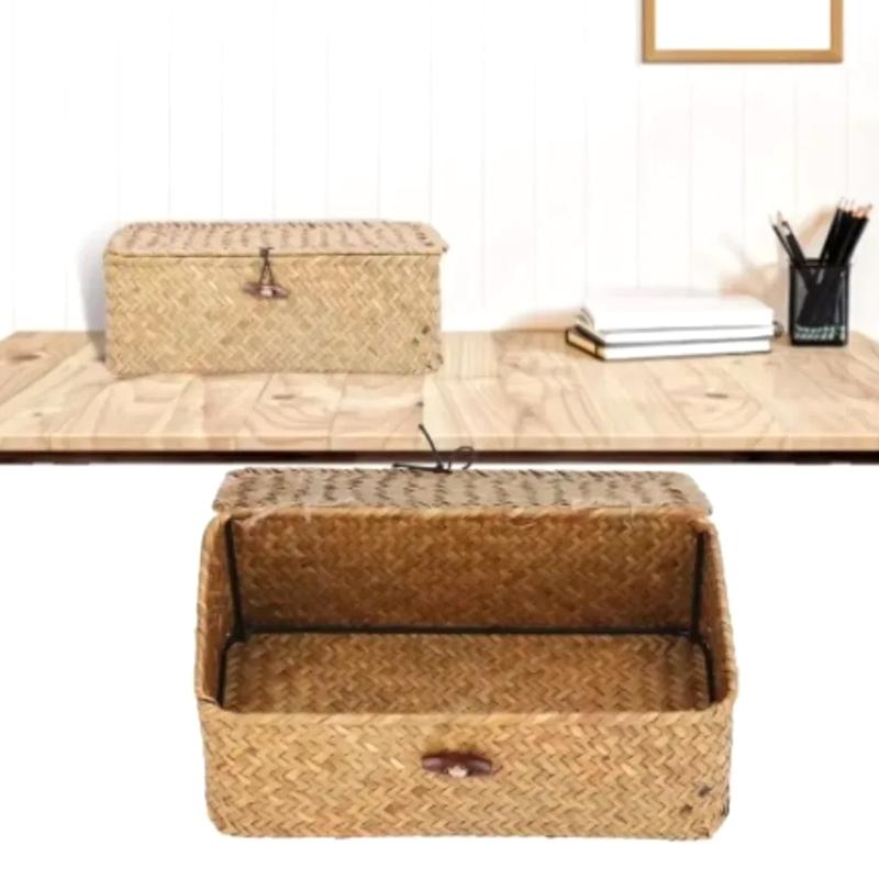 Прямоугольная корзина для хранения, плетеная вручную коробка для хранения из морской травы, плетеная корзина, настольный органайзер для косметики, многоцелевой контейнер