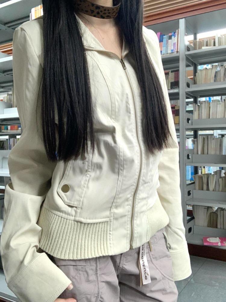 Винтажные укороченные куртки для женщин Харадзюку повседневные приталенные куртки на молнии Y2K уличная одежда с длинным рукавом верхняя одежда одежда осень зима