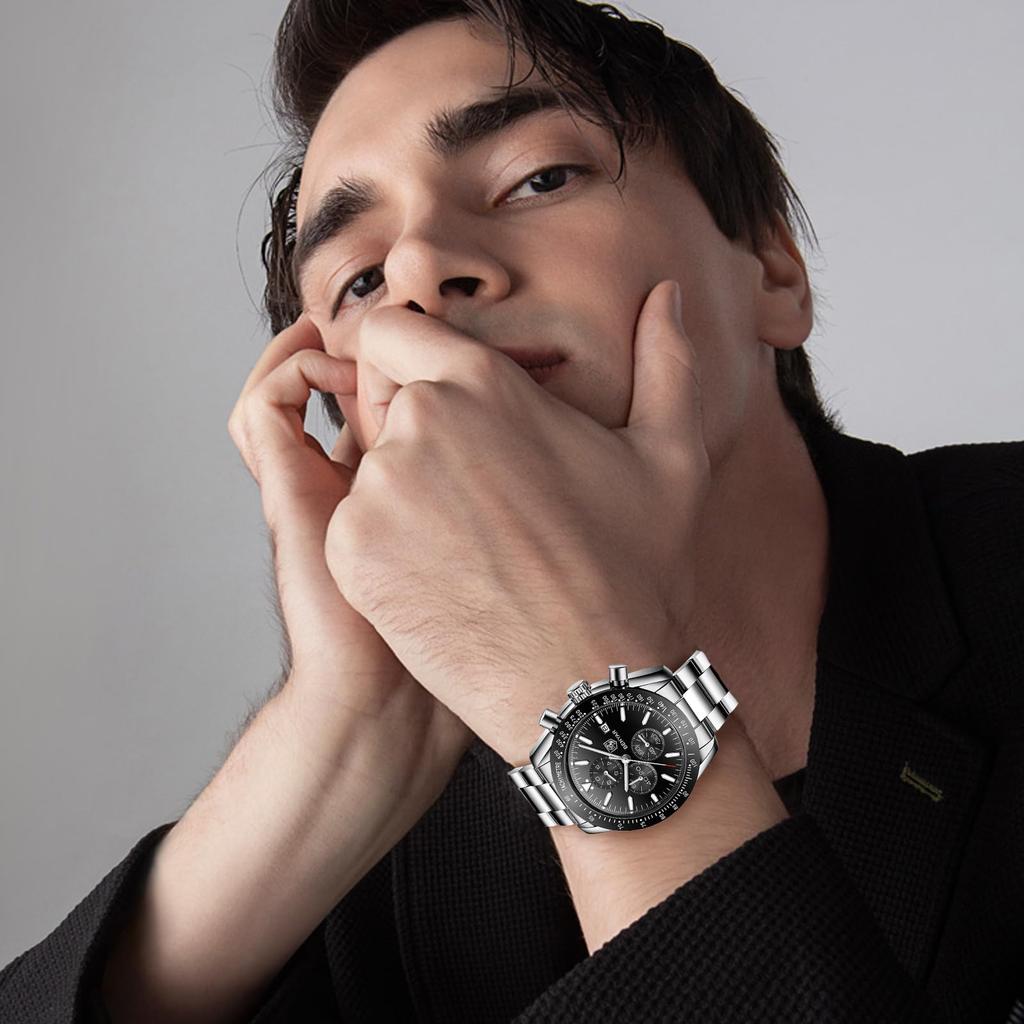 BENYAR AKNIGHT Watch Stylish Watch Watch Luminous Chronograph Fixed Bezel Analog Calendar Arm Watch Waterproof Japanese Quartz Watch Steel Band