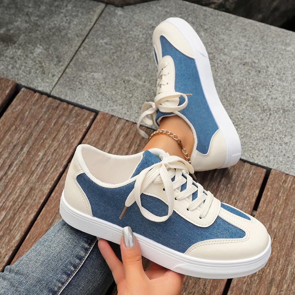 Casual Single Shoes Women's Large Size Round Head Lace-up Denim Splicing Sports Shoes Flat Bottom Shallow Mouth 24 New Women's Shoes