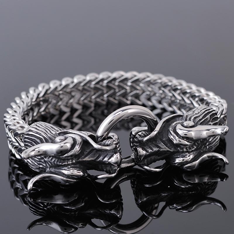 Punk Rock Double Dragon Head Man Bracelet For Men Friendship Men's Bracelets 8.8" 11MM Width Stainless Steel Franco Chain Male Jewelry