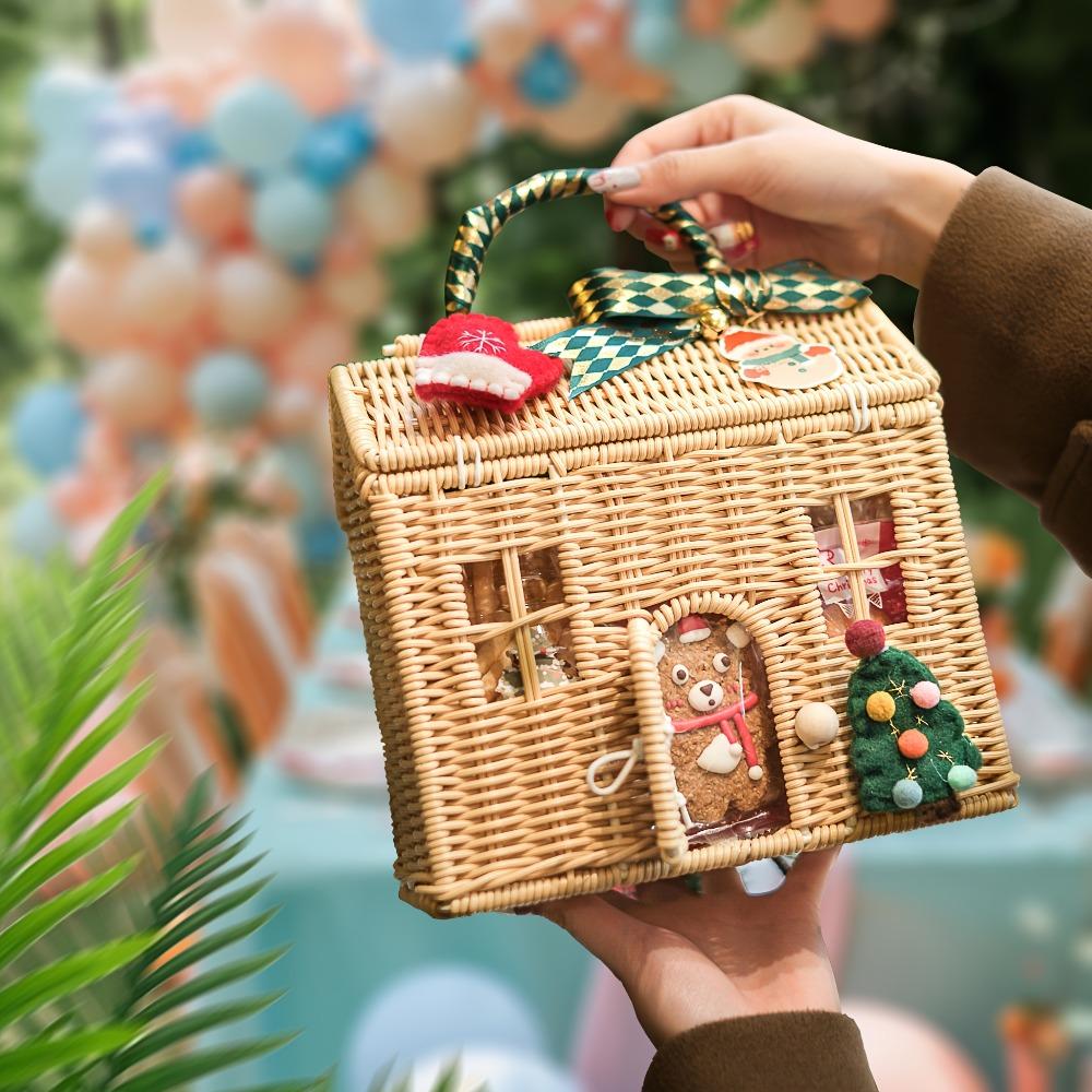 Плетеная корзина для хранения из ротанга с крышкой, переноска для кукольного домика, декоративный плетеный органайзер для полки ручной работы, рождественский подарок, произведение искусства