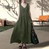 Women's Summer Cotton Linen Maxi Dress Casual V Neck Sleeveless Tank Dress Flowy Beach Pleated Sundress