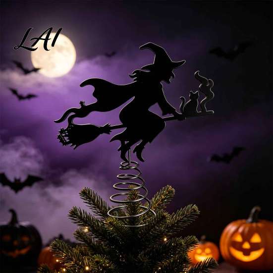 Glowing LED Tree Ornament Halloween Witch Topper with Lights Black Iron Window Hanging Ornaments Art Silhouette Ornament for Christmas And Holiday