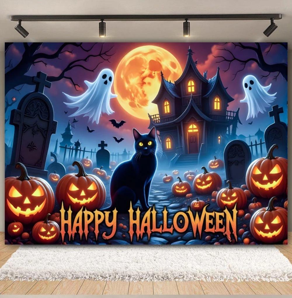 Happy Halloween Party Decor Backdrop Horror Moon Castle Graveyard Pumpkin Witch Bat Ghost Halloween Eve Photography Background837