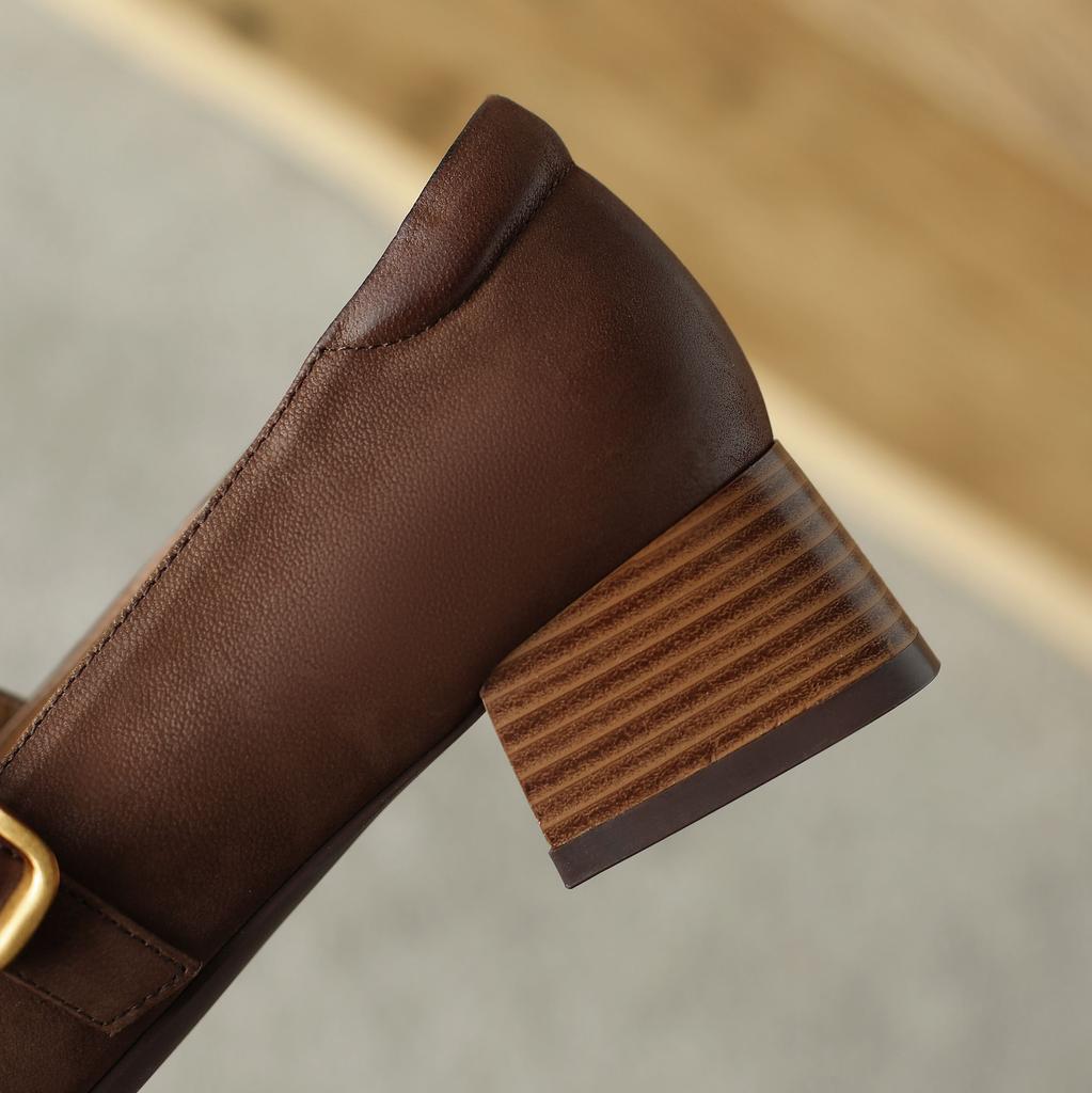 Krazing Pot Sheep Suede Square Toe Chunky Med Heels Summer Shoes Buckle Straps Women Pumps