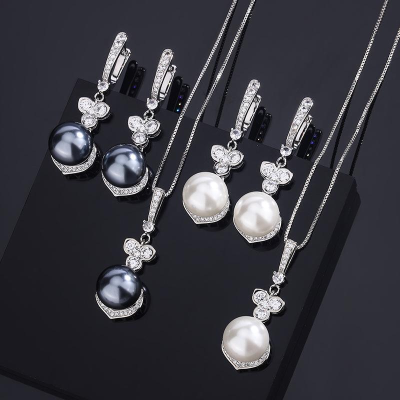 Jewelry Zircon Micro Inlaid Women's Light Luxury Fashionable Pearl Pendant Set Design Simple Earring Set Holiday Gift