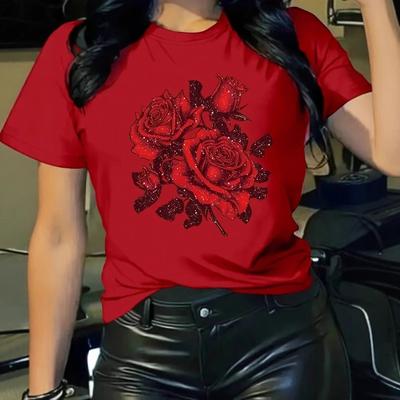 Женская футболка с круглым вырезом и цветочным принтом в виде красной розы 3D