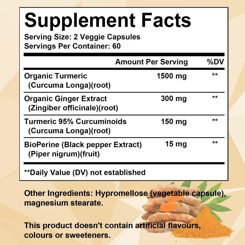 Turmeric Ginger Capsules 1950mg with Black Pepper Extract, 120 Vegan Veggie Capsules Dietary Supplement