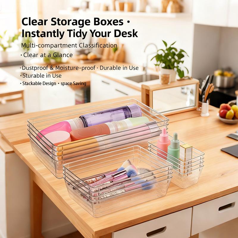 Clear Drawer Organizer Stackable Storage Box 5 Sizes Makeup Organizer Tray Vanity Cosmetic Storage Bins for Bathroom