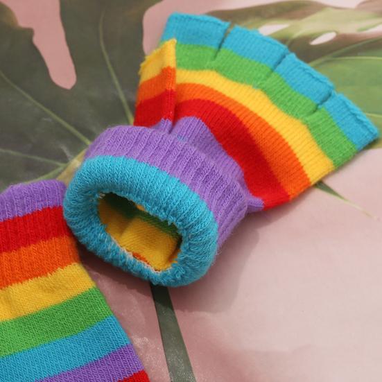 1 Pair Students Gloves Half Finger Knitted Colorful Rainbow Stripe Stretchy Comfortable Keep Warm Super Soft Autumn Winter Women