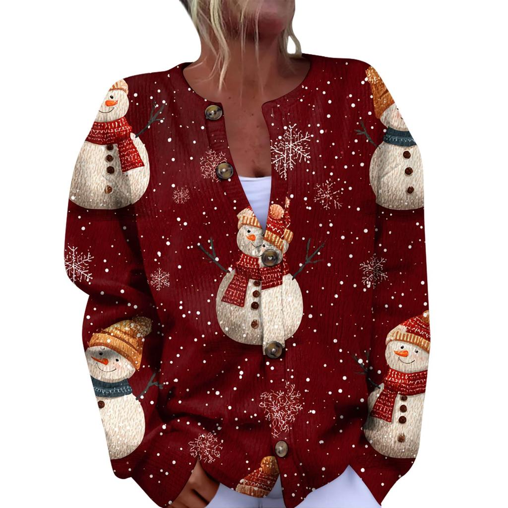Women's Fashion Christmas Printed Long Sleeve Knitted Cardigan Button Down Jacket