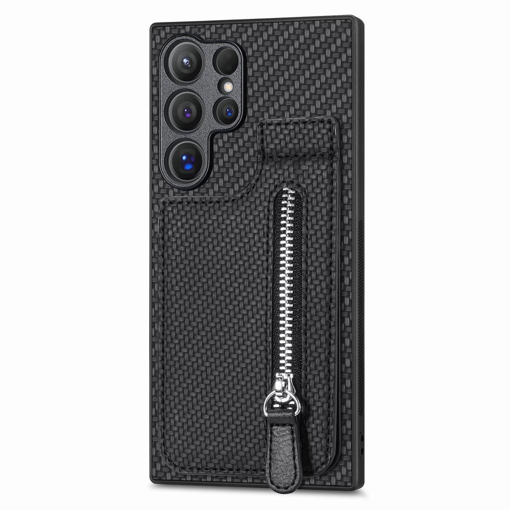 For Samsung Galaxy S25 Ultra Case Leather Phone Back Cover with Zipper Card Holder Kickstand