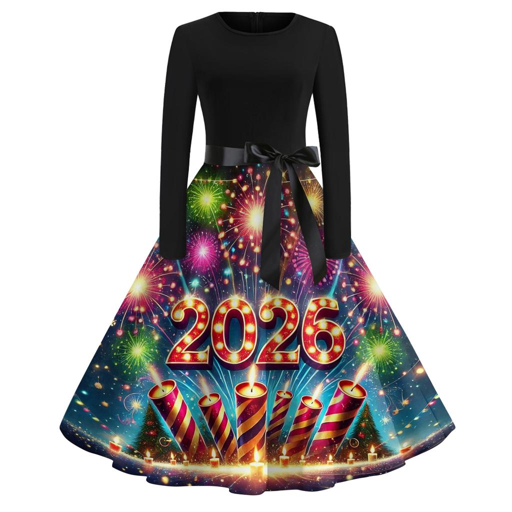 Женское повседневное модное платье с круглым вырезом и длинным рукавом с новогодним принтом в ретро-стиле