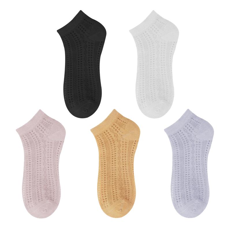 5 пар летних тонких сетчатых коротких носков для женщин, милые однотонные носки до щиколотки для девочек, повседневные, хлопковые, с полым узором, дышащие