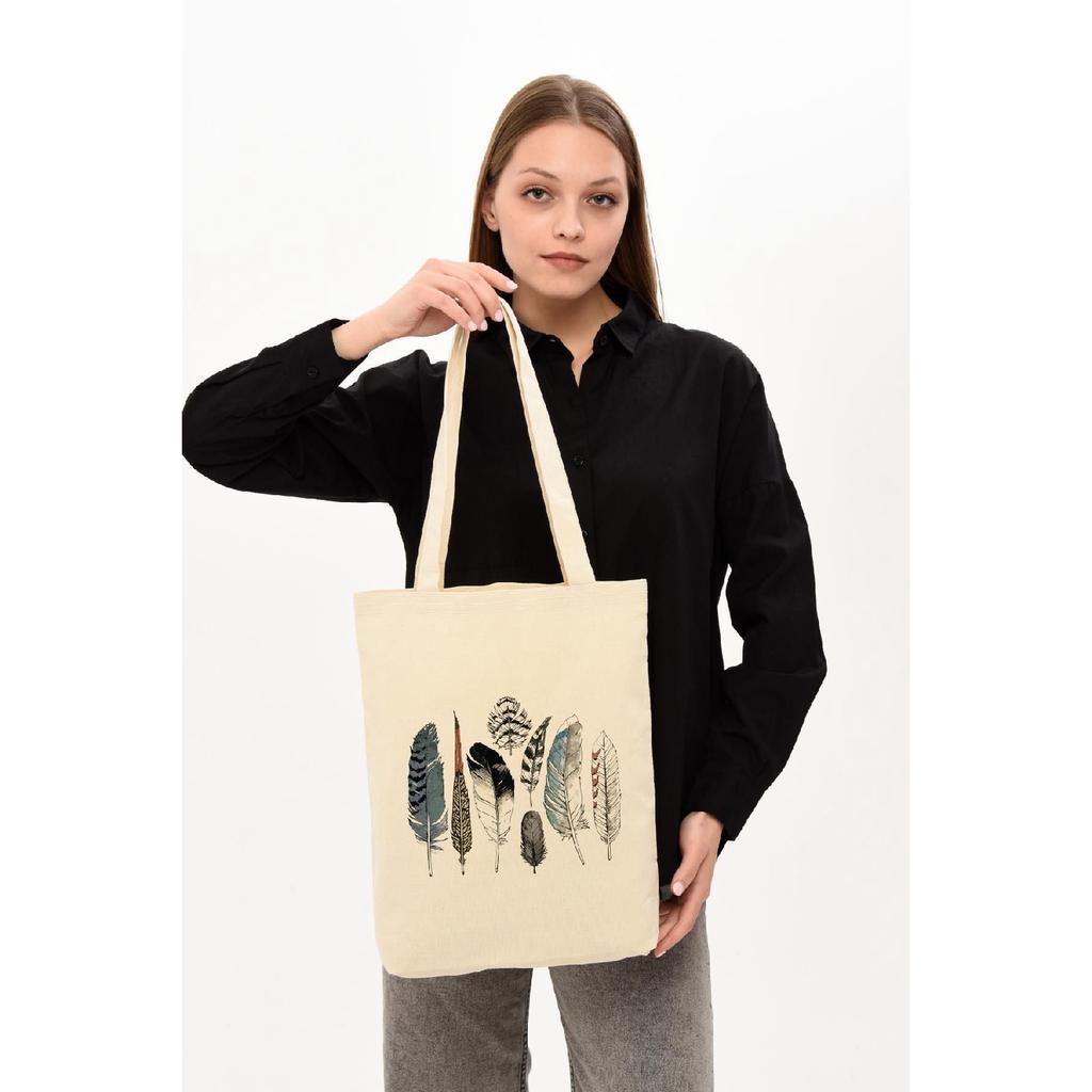 Холщовая тканевая сумка с принтом птичьих перьев