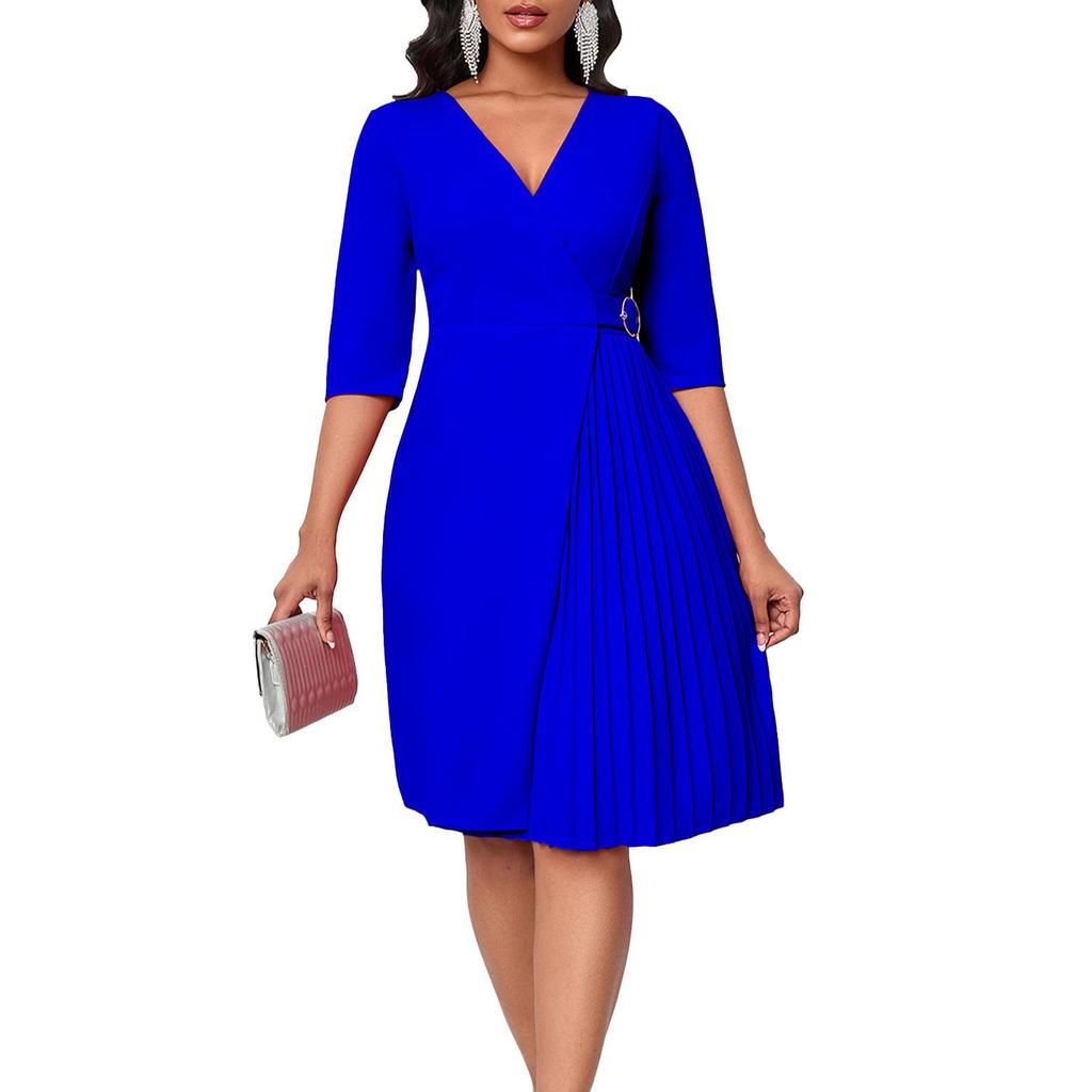 Европейское и американское женское платье с V-образным вырезом, приталенное, плиссированное, со средним рукавом