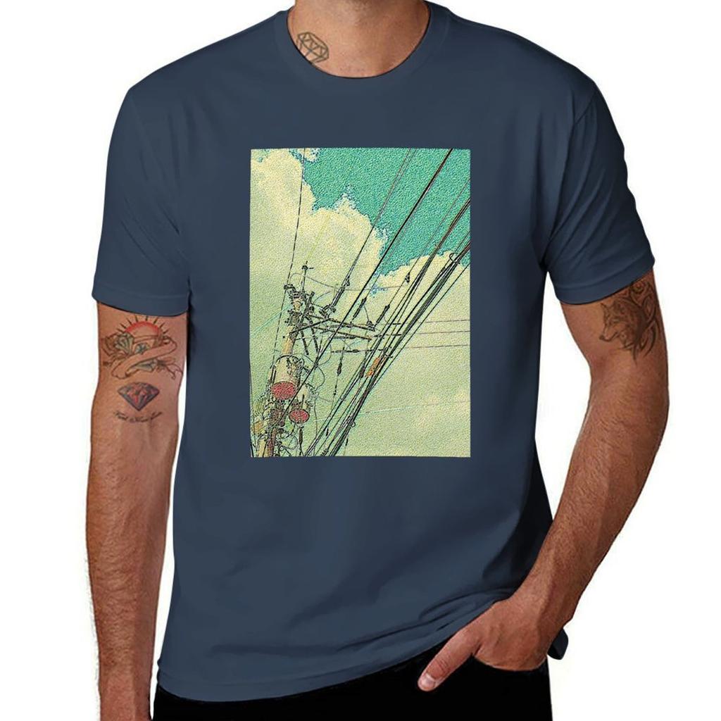 Electric Pole And Blue Sky Mosaic Tshirt Basic Solid Color Short Sleeve Cotton Top