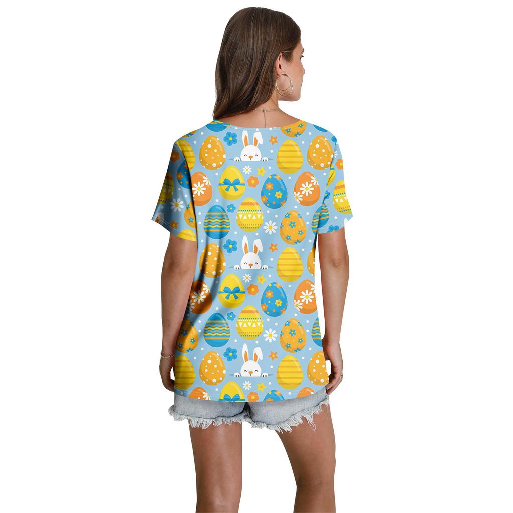 Ladies' Casual V-neck Short Sleeved Shirt With Pleated Easter Print On The Chest