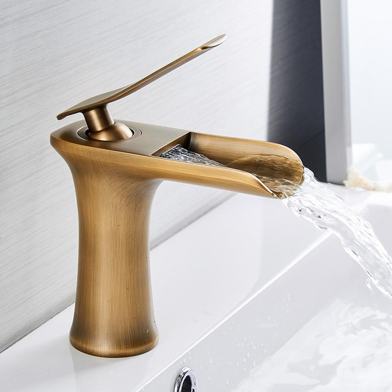 Basin Faucets Waterfall Bathroom Faucet Single Handle Basin Mixer Tap Bath Antique Faucet Brass Sink Water Crane Silver 6009