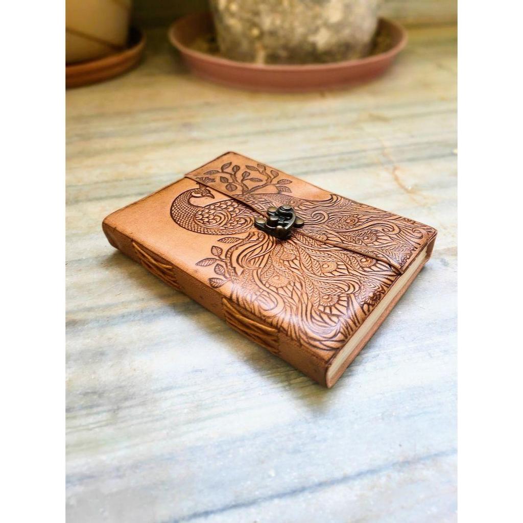 Peacock Embossed Handmade Leather Diary With Lock, Locked Journal, Writing Fancy Notebook, Medium Size Leather Notepad, Writers Paradise
