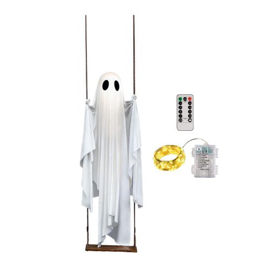 Halloween Decoration Outdoor Swing Ghost Ornament with LED Lights Adjustable Hanging Spooky Ghost Decor