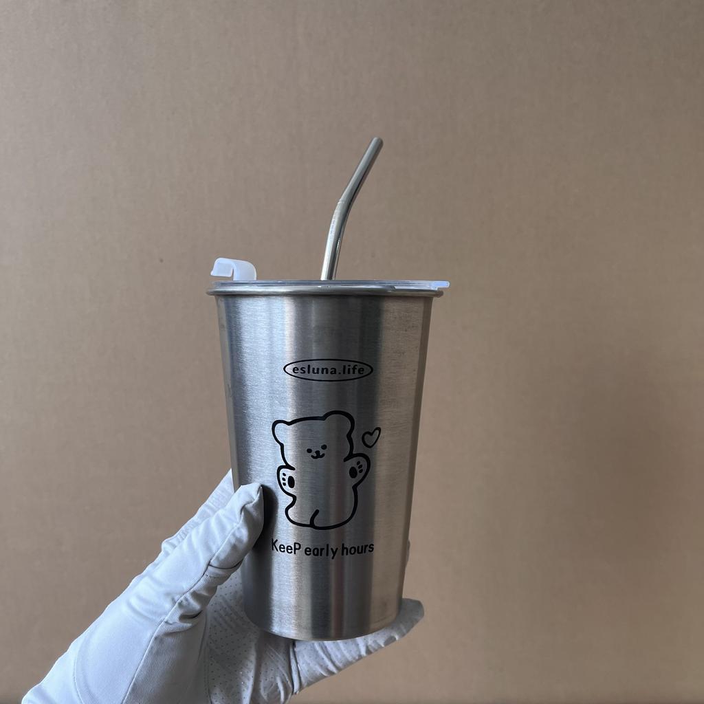 Industrial Style 500ML 304 Stainless Steel Straw Cup with Lid Portable Coffee Cup for Home Use Cold Drink Insulated Anti-Fall Ha