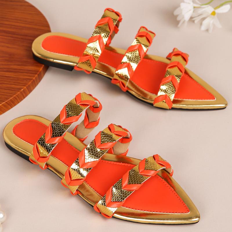 Fashion Pointed Toe Weave Flat Slippers Summer Fashion Open Toe Patchwork Women Sandals Casual Comfortable 36-43 Large Size Women Shoes