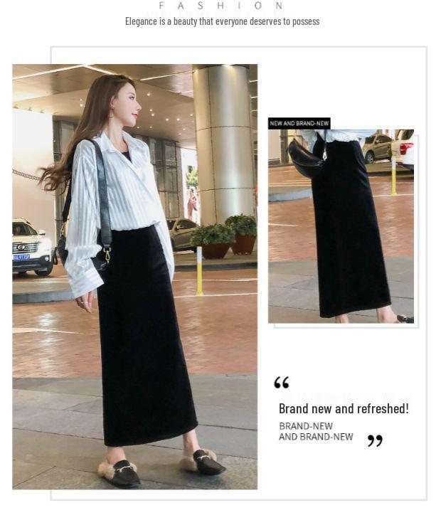 Ретро Осенне-зимняя черная бархатная миди-юбка с высоким поясом и разрезом - Облегающий силуэт