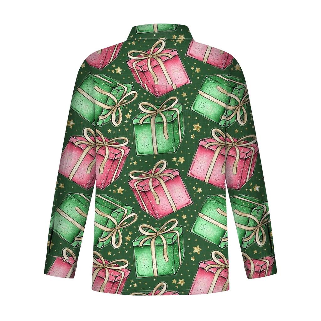 Женская свободная повседневная рубашка с длинными рукавами и рождественским принтом, кардиган с принтом и карманами