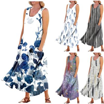 Женское модное повседневное однотонное хлопковое льняное платье без рукавов с карманами