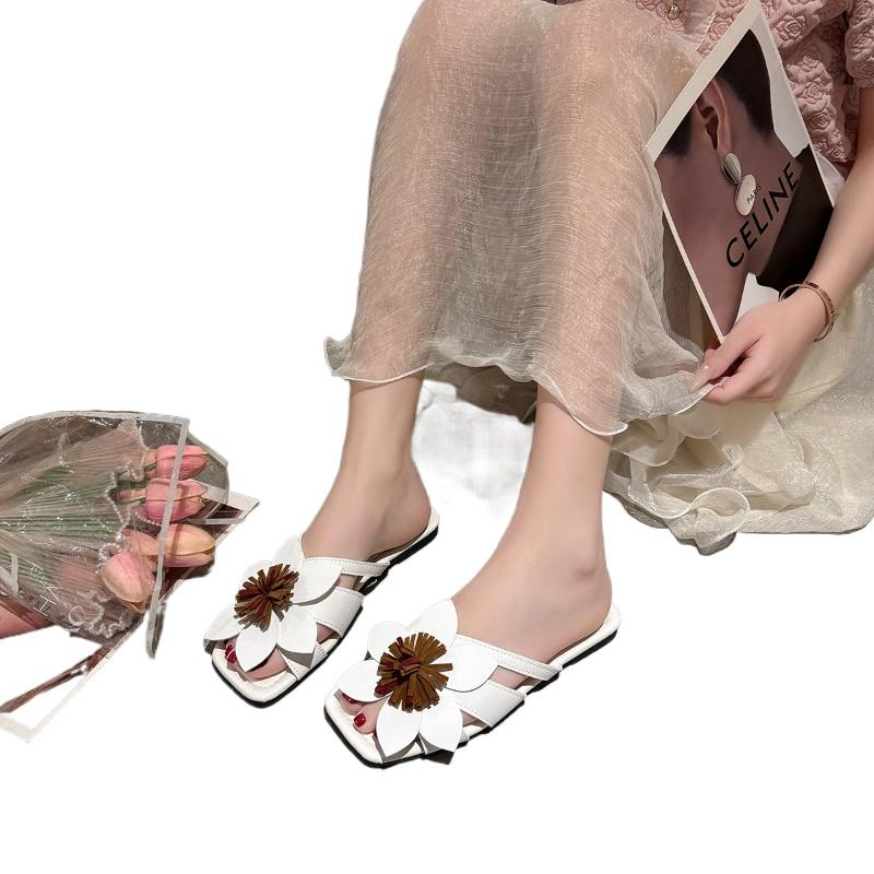 Мода 2025 Мода Женская обувь Открытый носок Женские шлепанцы Лето Новинка Уличные Большой размер Повседневные Цветочные Открытый носок Удобные Плоские шлепанцы