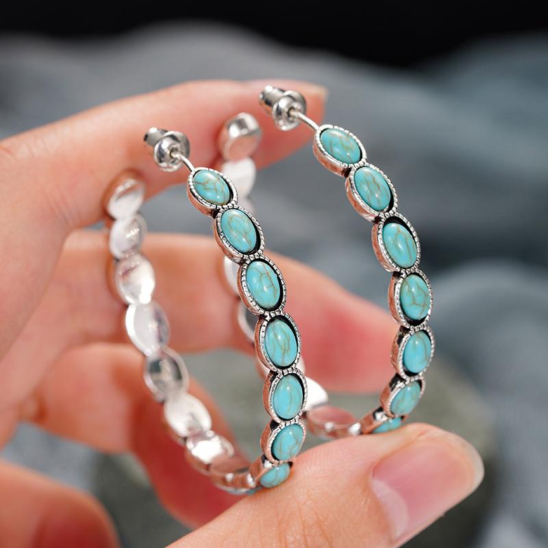 Huitan Minialist Oval Imitation Turquoise Hoop Earrings for Women Silver Color Vintage Party Daily Big Circle Bohemian JewelryGood product