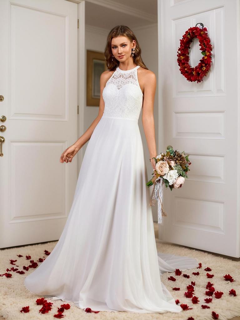 European & American Halter Embroidered Slit Fishtail Evening Dress