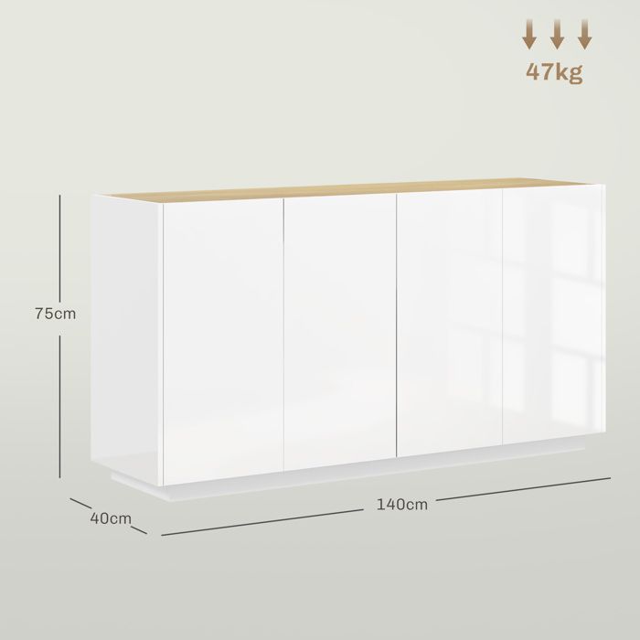 Buffet salle à manger - HOMCOM - avec 4 portes à fermeture douce et étagères réglables - 140 x 40 x 75 cm - blanc laqué