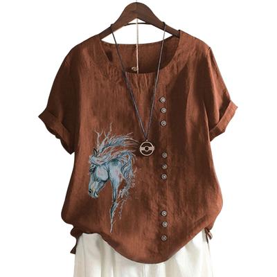 Современная женская хлопковая футболка с привлекательным принтом и яркими пуговицами