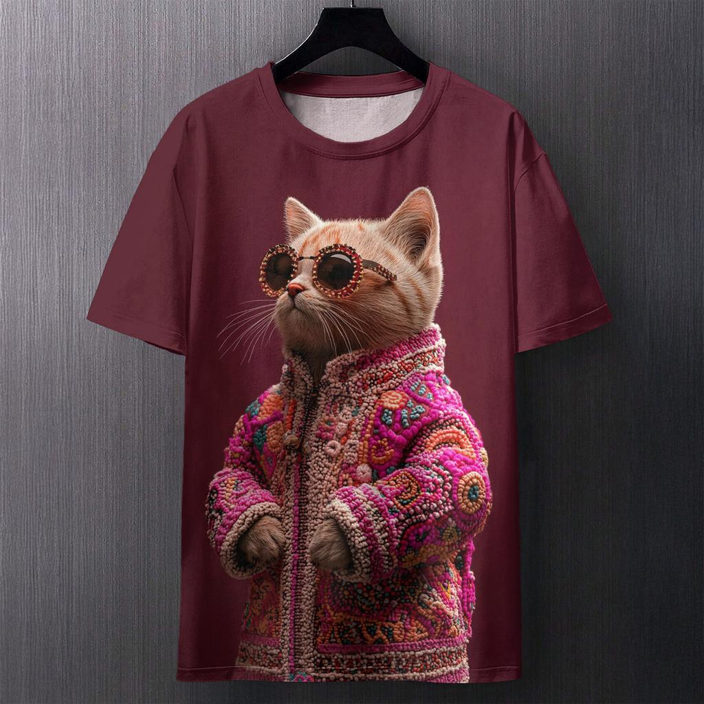 Fun Cat Pattern Printed T-shirt Summer Casual Loose Round Neck Short Sleeved Men's T-shirts