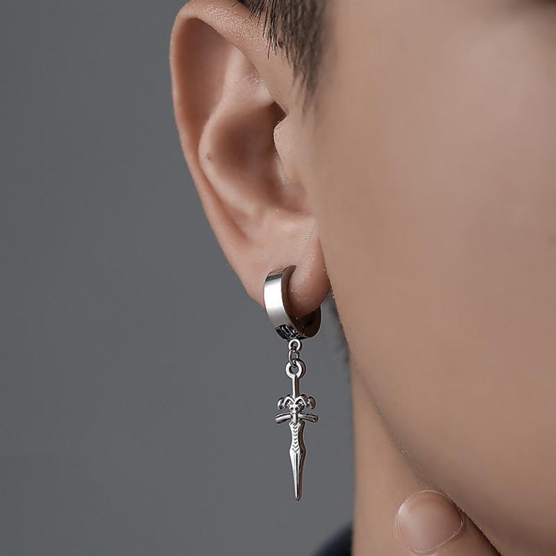 1 PC Men's Open Cuff Silver Black Sword Pendants Clip Earrings for Male Non-Piercing Ear Clips Fake Cartilage Earrings