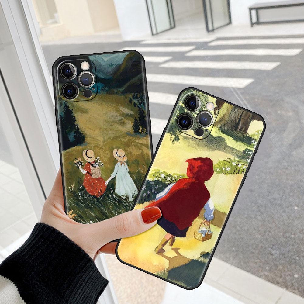 Чехол для мобильного телефона Apple Iphone 13 12 11 Pro 7 8 Plus, черный Cubierta X Xr 6 6s 5 5S, роскошный чехол Funda Para Movil с мультяшным пейзажем для девочек
