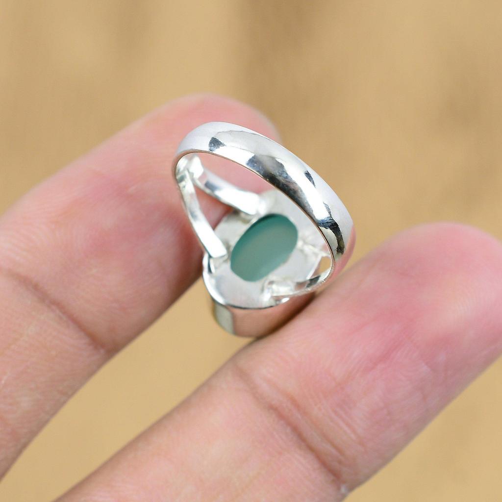 Натуральный зеленый халцедон Бохо Кольцо обещания Свадебное кольцо Размер 7,75 Серебро 925 пробы