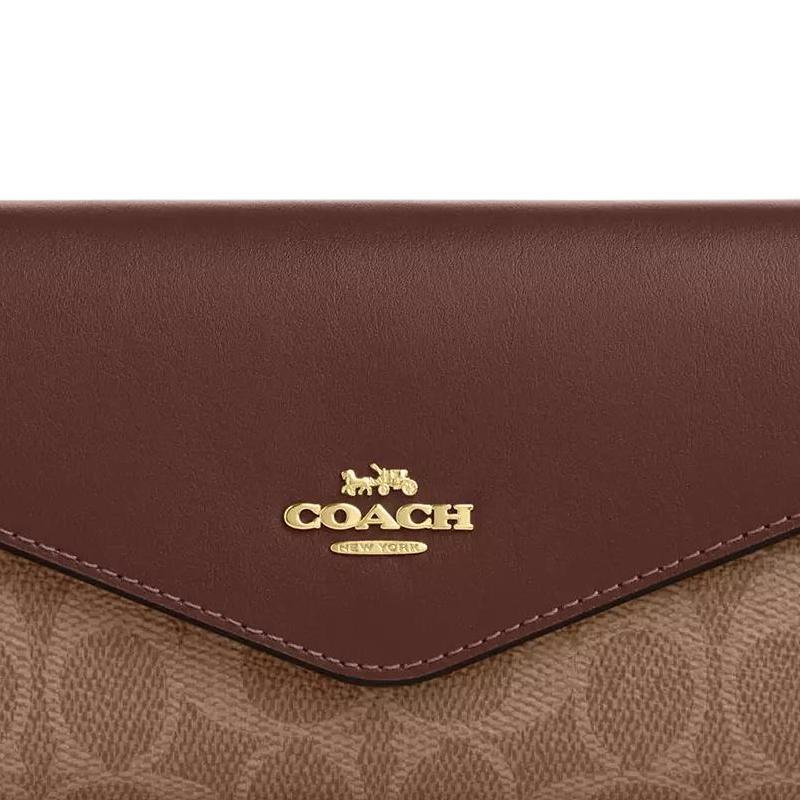 COACH 19 Classic Brand Logo Leather Envelope Wallet Regular Women's Tan with Brown Tan and brown