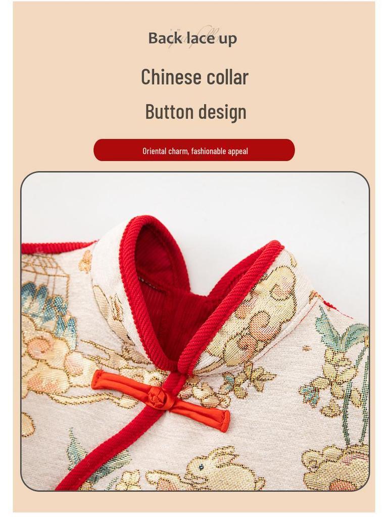 Детский водонепроницаемый двусторонний комбинезон: Стиль Китайского Нового года - Осенне-зимняя защитная одежда с нагрудником, грязеотталкивающая.