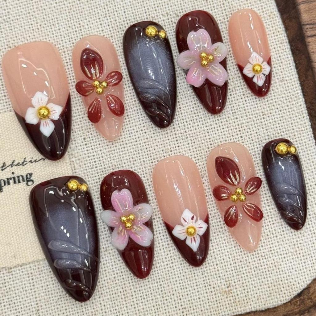 New Arrival Handwork Almond Summer Romantic 3D Flowers Butterfly Fake Nails Sticker Handmade Press on Nails