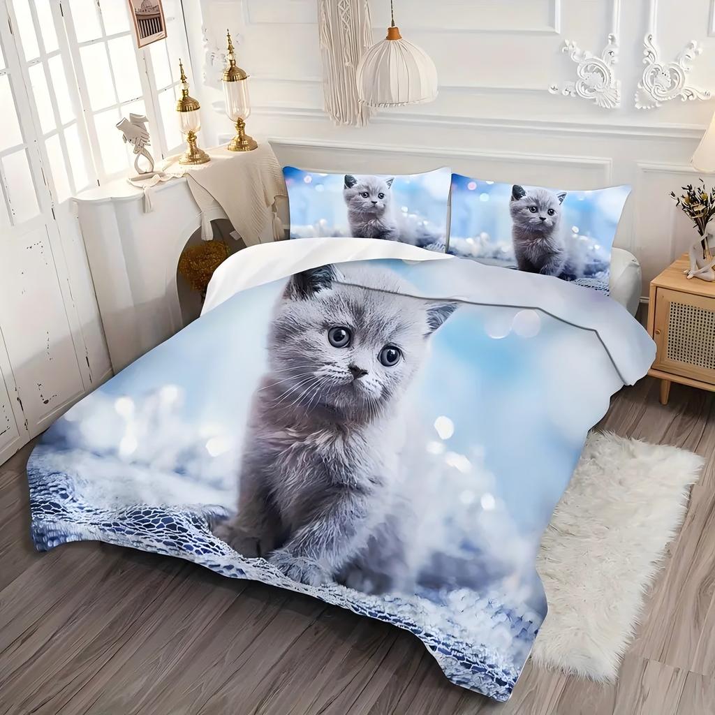 Милый котенок 3D Печатный Комплект Пододеяльника Мягкий Удобный Полиэстер Роскошный Комплект Постельного Белья Милый Животный Стиль Пододеяльник Наволочки