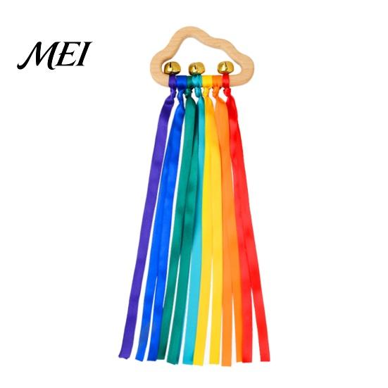 Wooden Cloud Rattle Baby Toy, Shape Teether Grasping Toy with Colorful Ribbons, Sensory Bell for Newborn, Infant Shaker Visual Auditory Development