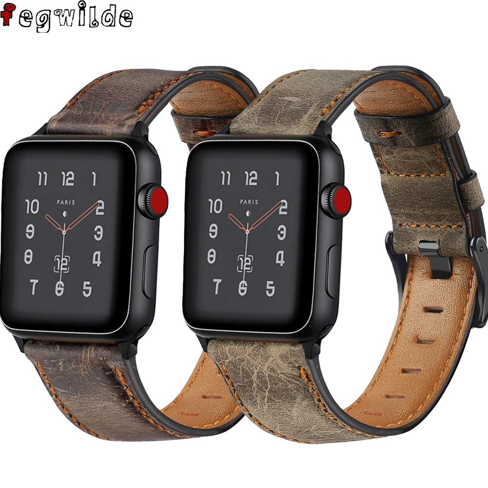Ремешок из ретро коровьей кожи для Apple Watch band 44мм 40мм 45мм 41мм 49мм 46мм correa bracelet iWatch series 3 4 se 6 7 8 ultra2 10