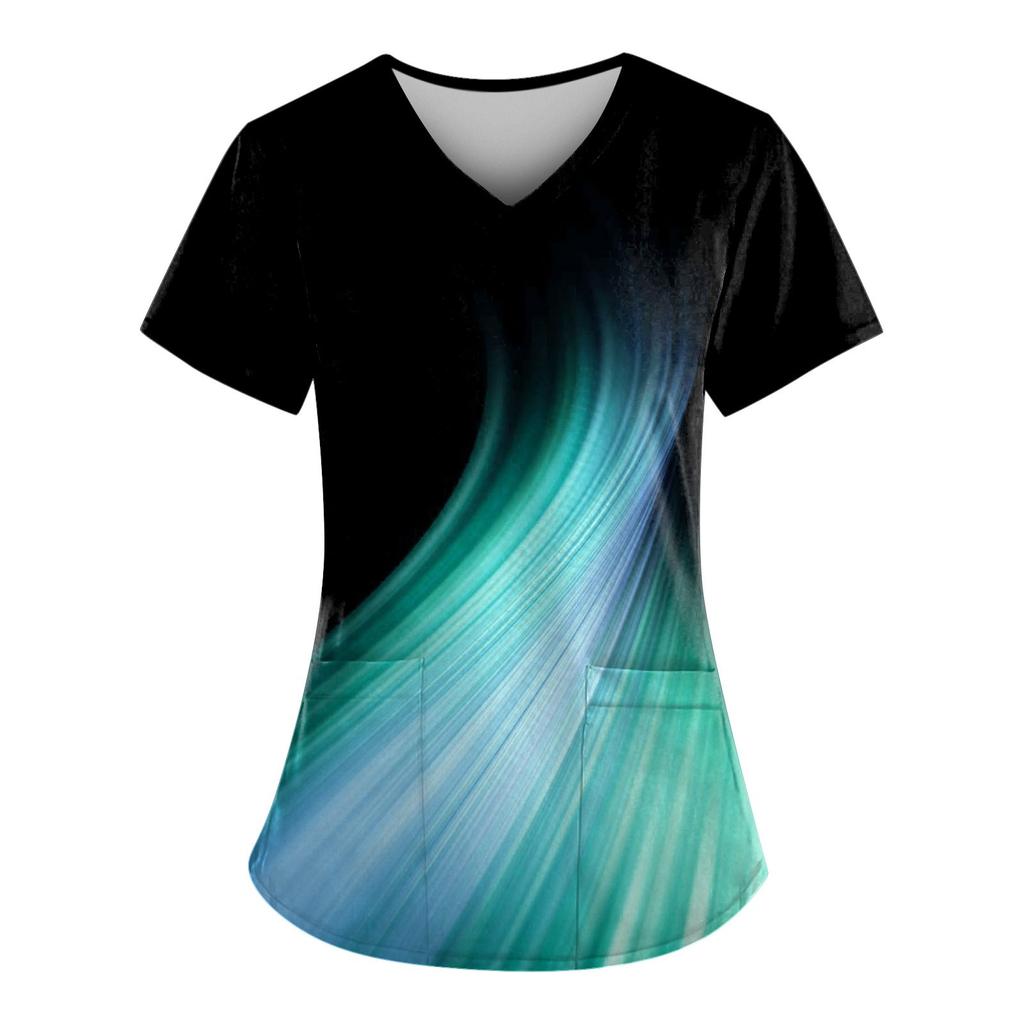 Рабочая форма больших размеров с принтом, топы для женщин, забавные футболки с v-образным вырезом и короткими рукавами, рабочая одежда, футболка с карманами